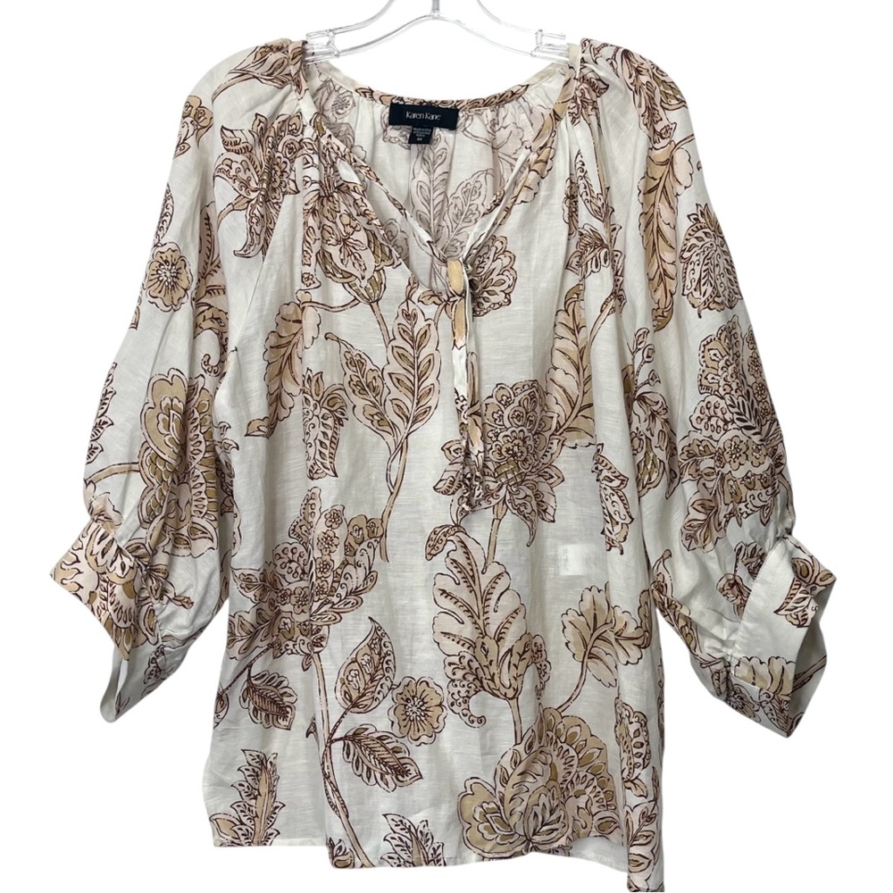 Karen Kane Linen Blend Tan/Ivory Floral Blouson Sleeve Peasant Top Size M